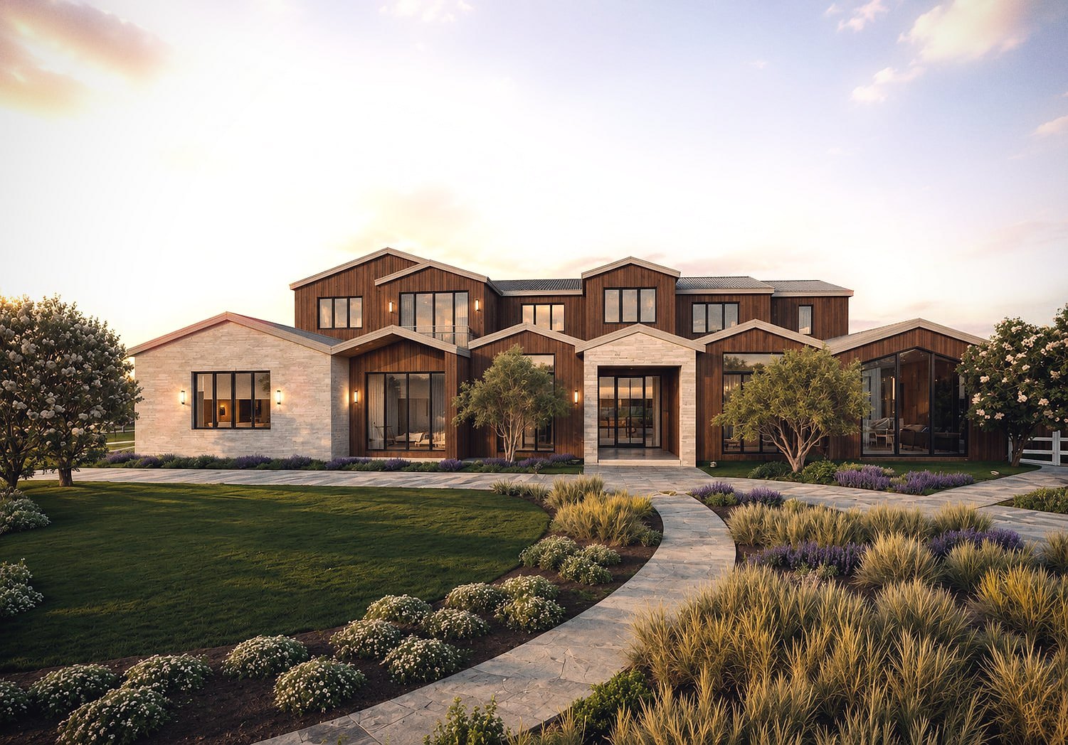 A single-family residence in Hidden Hills, California designed by M&N Home Design, photographed at dusk